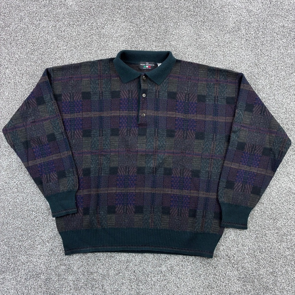 Vintage The Italian Sweater Co Sweater Mens XL Green Plaid Knit Wool Blend Italy